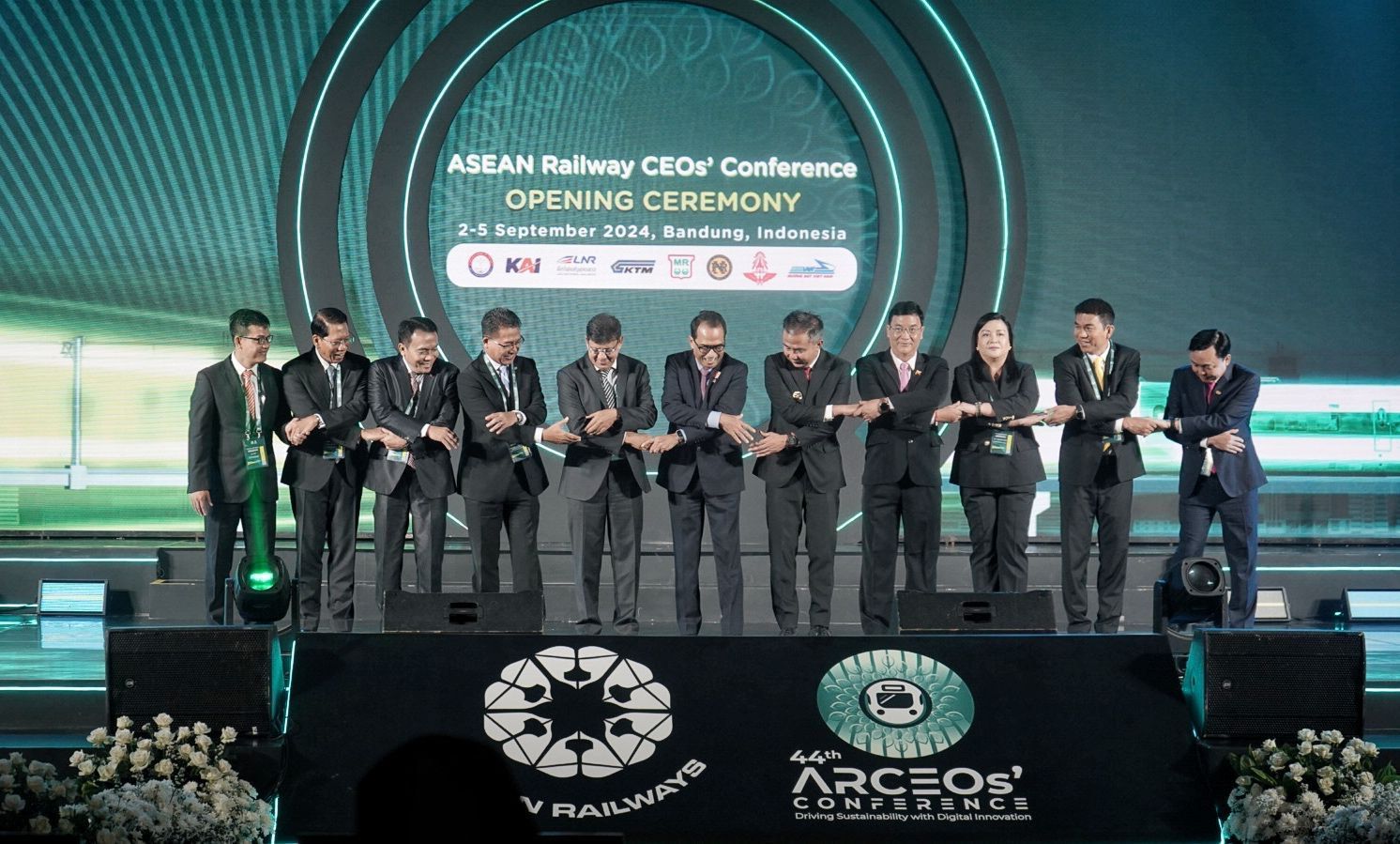 Minister of Transportation of Republic of Indonesia Budi Karya Sumadi with the delegates of 8 ASEAN railway operators Inaugurate the opening of The 44th ASEAN Railway CEOs’ Conference (ARCEOs’ Conference) in Bandung, Indonesia, Monday.