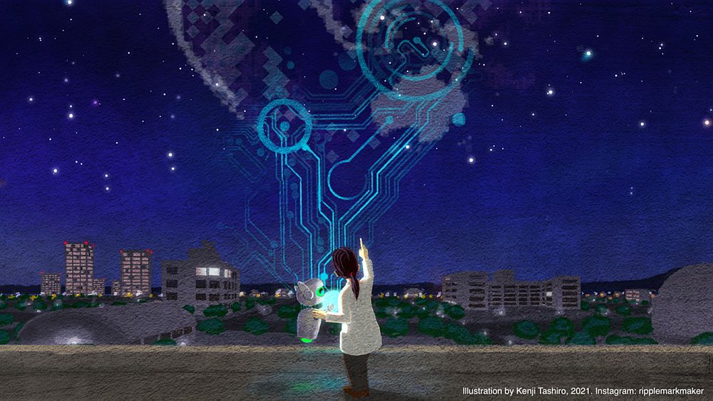 Researchers and artificial intelligence work together to collect experimental materials science data from papers worldwide and build a database. (Copyright: Kenji Tashiro. Instagram: ripplemarkmaker. CC-BY-4.0)